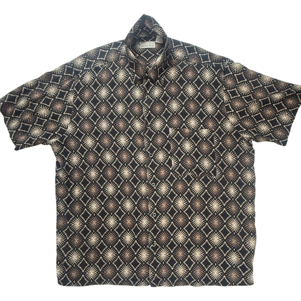 Natural Issue Mens Large ButtonDown Shirt Geometric Rayon ShortSleeve BlackBrown